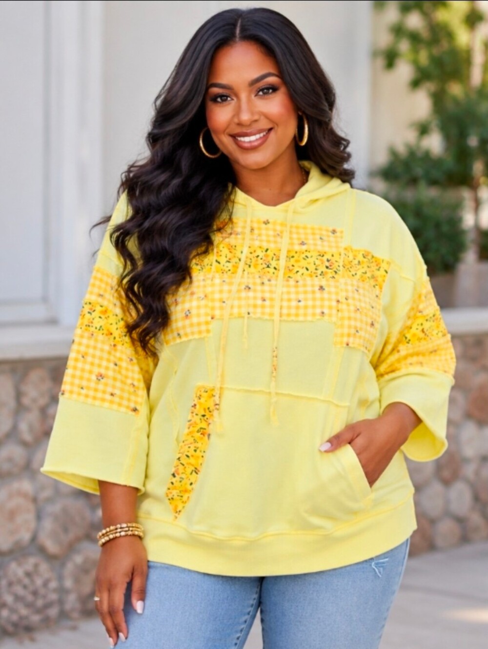 NEW!!! Easel Women's Yellow Patchwork Hoodie - Casual Pullover Top, NWT